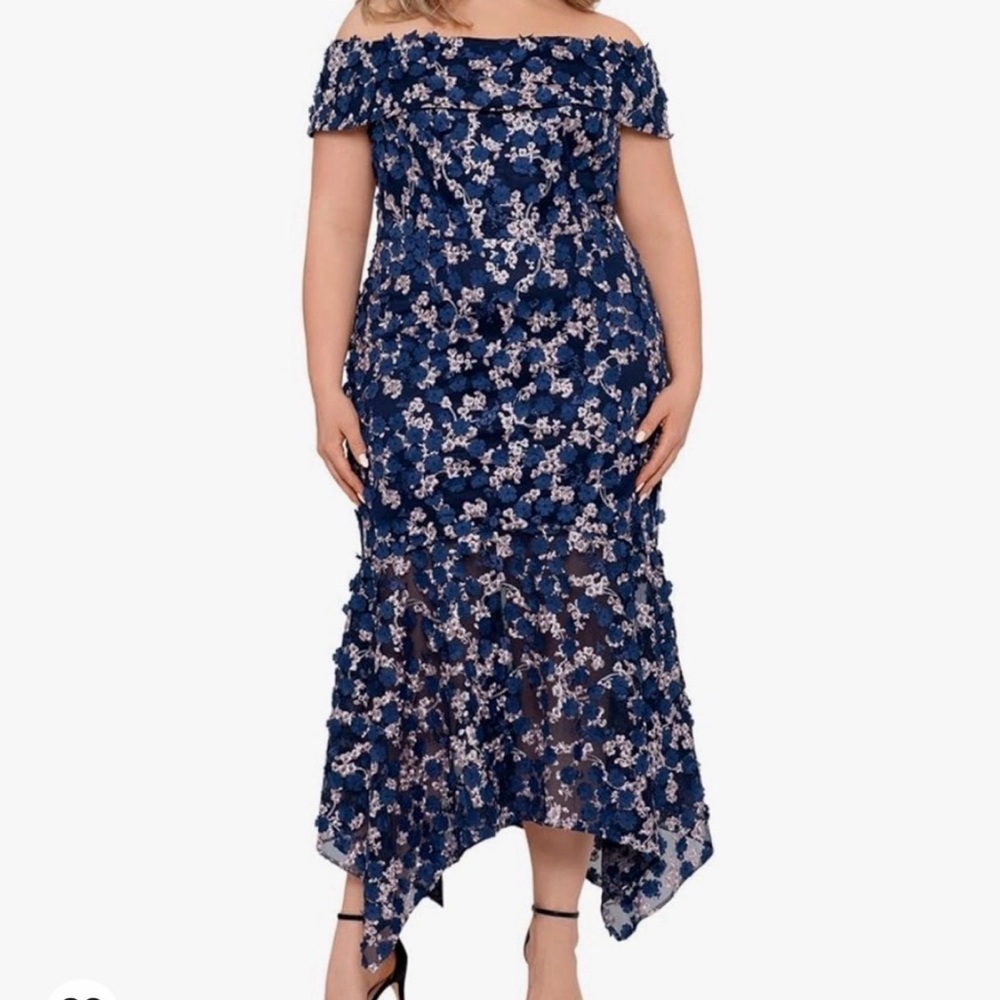 XScape Elegant Navy 3D Floral Asymmetrical Dress